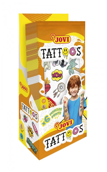 Jovi Expositor de 24 Tatuajes Temporales - Mas de 80 Motivos - Emoticonos, Animales y Piratas - 6 Laminas Coleccionables - sin Parabenos - Libre de Alergenos - Color Surtido 1 pieza(s)