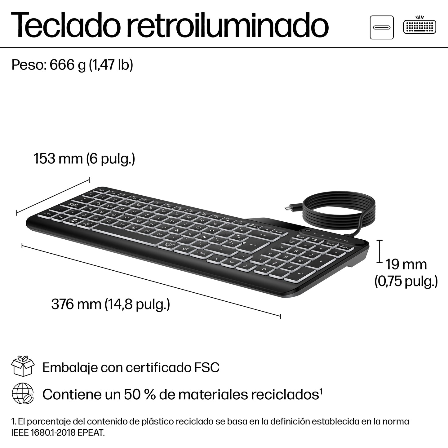 HP - Teclado con cable 400 retroiluminado