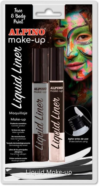 Alpino Make-up Liquid Liner Pack con 2 Botes de Maquillaje Liquido con Aplicador - Se Lava con Agua - Testado Dermatologicamente - Colores Blanco y Negro 1 pieza(s)