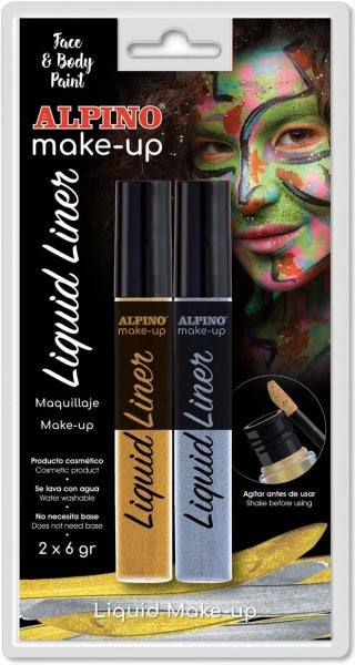 Alpino Make-up Liquid Liner Pack con 2 Botes de Maquillaje Liquido con Aplicador - Se Lava con Agua - Testado Dermatologicamente - Colores Oro y Plata 1 pieza(s)