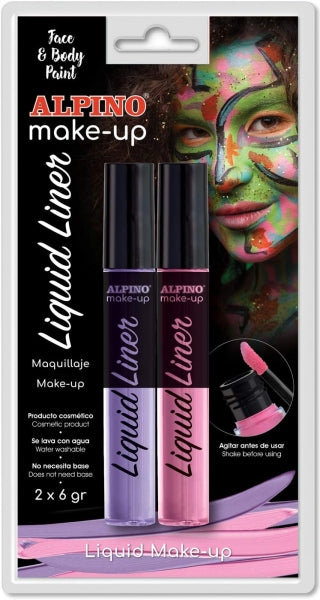 Alpino Make-up Liquid Liner Pack con 2 Botes de Maquillaje Liquido con Aplicador - Se Lava con Agua - Testado Dermatologicamente - Colores Rosa y Lila 1 pieza(s)