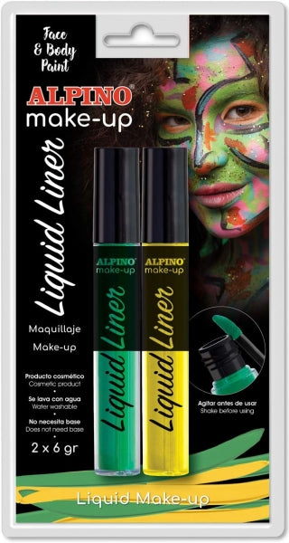 Alpino Make-up Liquid Liner Pack con 2 Botes de Maquillaje Liquido con Aplicador - Se Lava con Agua - Testado Dermatologicamente - Colores Amarillo y Verde 1 pieza(s)