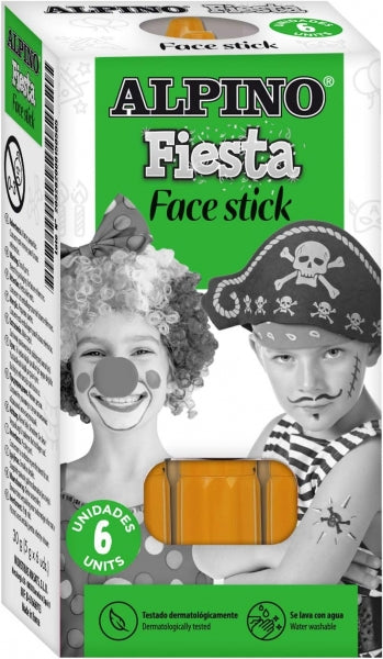 Alpino Fiesta Face Stick Pack con 6 Barritas de Pintura Facial - Sistema Retractil Giratorio - Se Lava con Agua - Testado Dermatologicamente - Color Naranja 1 pieza(s)