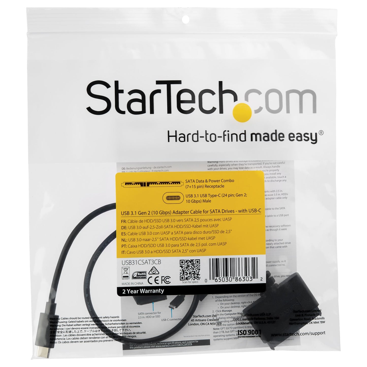 StarTech.com - Cable Adaptador USB 3.1 (10 Gbps) a SATA para unidades de disco de 2 5 Pulgadas - USB-C