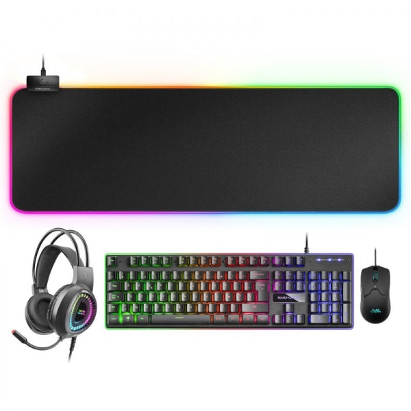 Mars Gaming MCPEXFR Combo Gaming 4 en 1 - Teclado H-MECH FRGB - Raton 10K DPI Ultraligero - Auriculares RGB FLOW - Alfombrilla XXL RGB - Compatibilidad Multiplataforma - Color Negro 1 pieza(s)