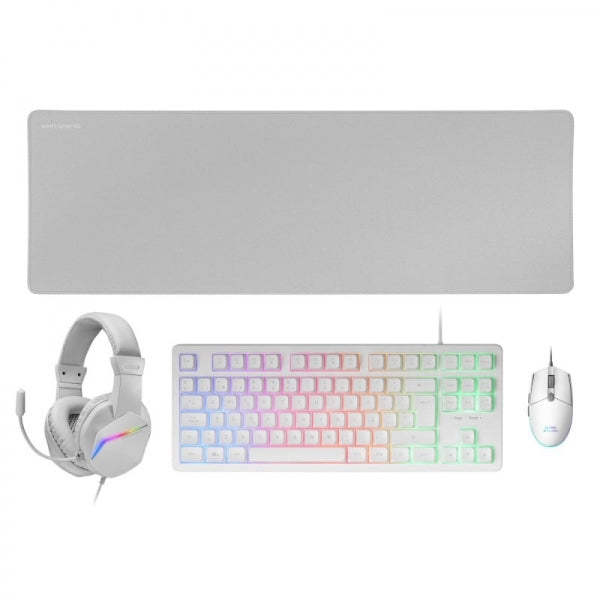 Mars Gaming MCP-RGB3 Combo Gaming 4en1 - Teclado TKL H-Mech - Raton 3200 DPI RGB - Auriculares FRGB con Cancelacion de Ruido - Alfombrilla XXL Antideslizante - Color Blanco 1 pieza(s)