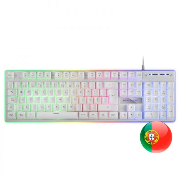 Mars Gaming MK220 Teclado Hibrido H-MECH - Iluminacion FRGB Rainbow Halo - Diseño Ergonomico - Panel de Aluminio - Anti-Ghosting Avanzado - Portugues - Color Blanco 1 pieza(s)