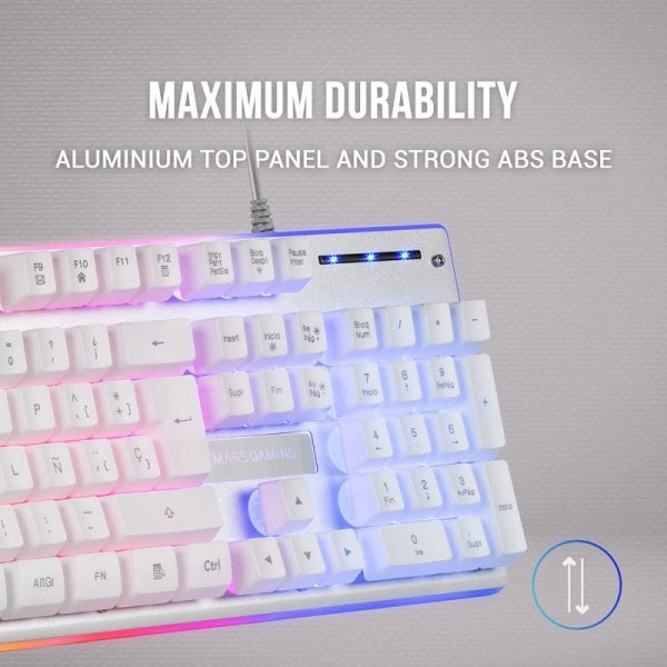 Mars Gaming MK220 Teclado Hibrido H-MECH - Iluminacion FRGB Rainbow Halo - Diseño Ergonomico - Panel de Aluminio - Anti-Ghosting Avanzado - Portugues - Color Blanco 1 pieza(s)