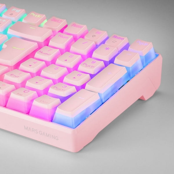 Mars Gaming MKULTRA Teclado Gaming Premium - Tamaño Compacto 96% - Teclas PBT Pudding - Iluminacion RGB Chroma - Switches OUTEMU SQ - USB-C Extraible - Portugues - Color Rosa 1 pieza(s)