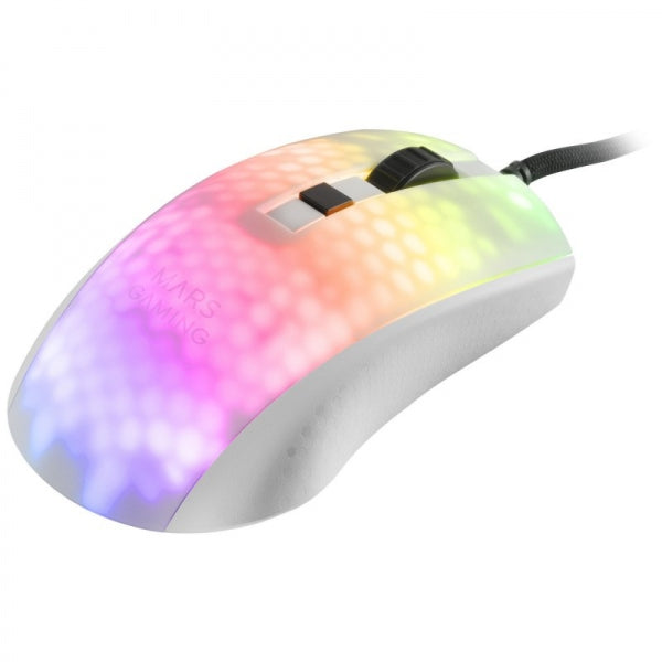 Mars Gaming - MMRW Blanco  Ratón Gaming RGB Chroma Estructura Translúcida Ultra-ligera 58g 12800 DPI Switches Mecánicos HUANO