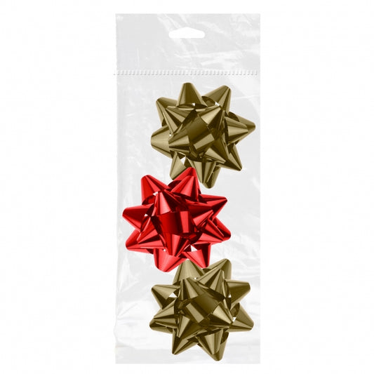 Dohe Shiny Pack de 3 Lazos para Regalo - Forma de Estrella - Tamaño 8cm - Colores Rojo y Oro 1 pieza(s)