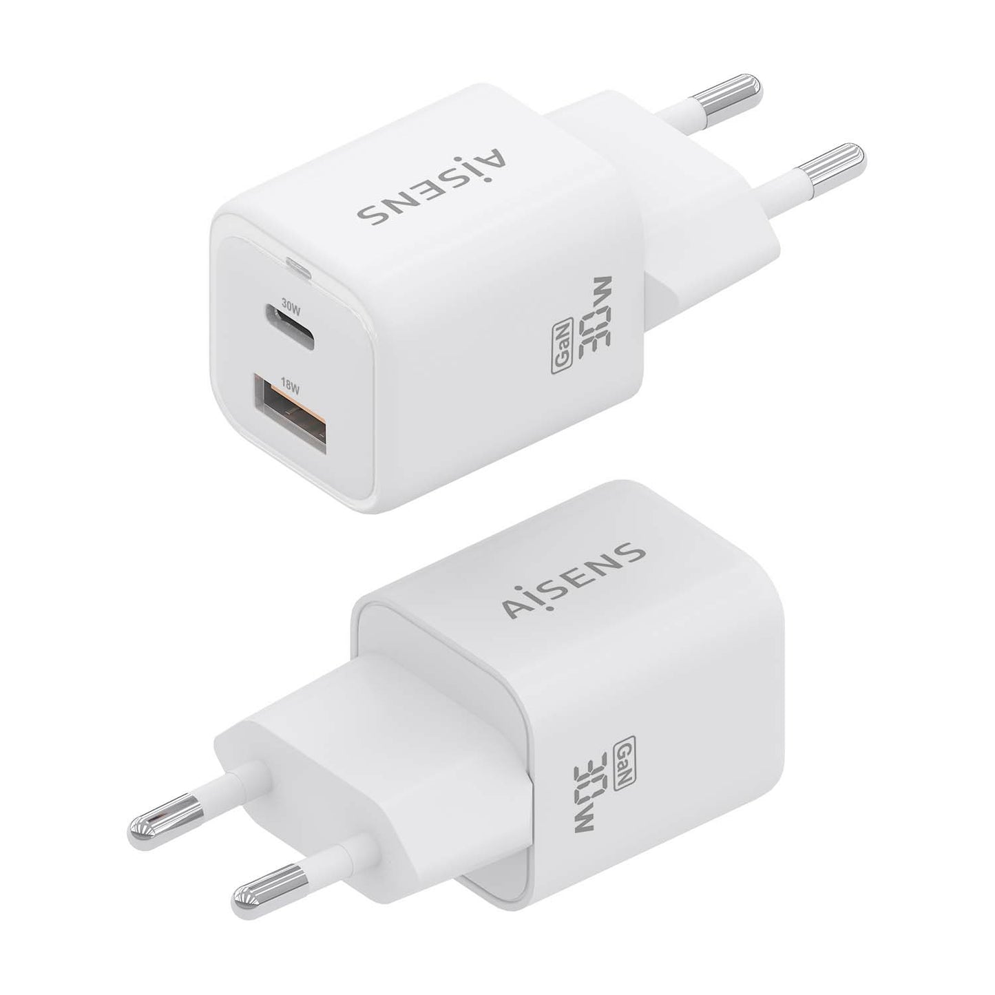 AISENS - Cargador Gan 30W  1xUSB-C PD3.0 QC4.0  1xUSB-A QC3.0  Blanco