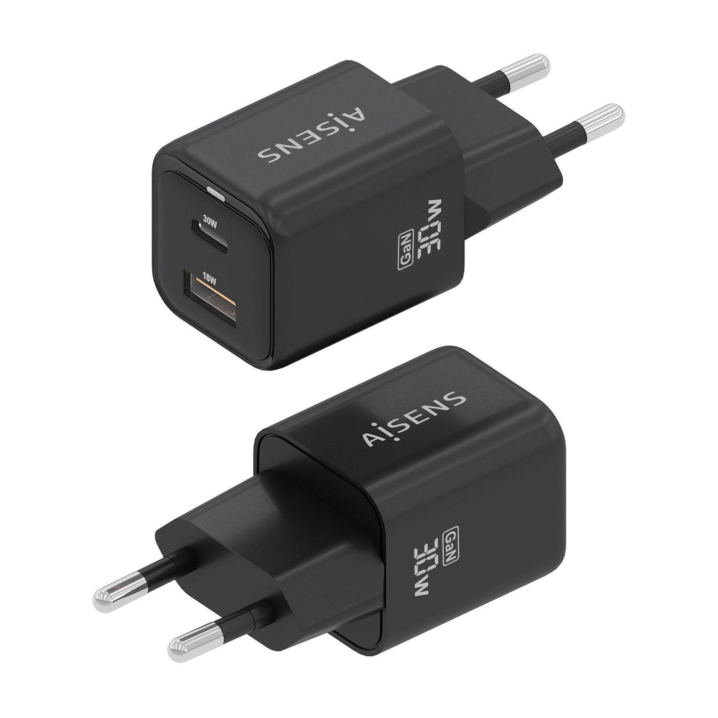 AISENS - Cargador Gan 30W  1xUSB-C PD3.0 QC4.0  1xUSB-A QC3.0  Negro