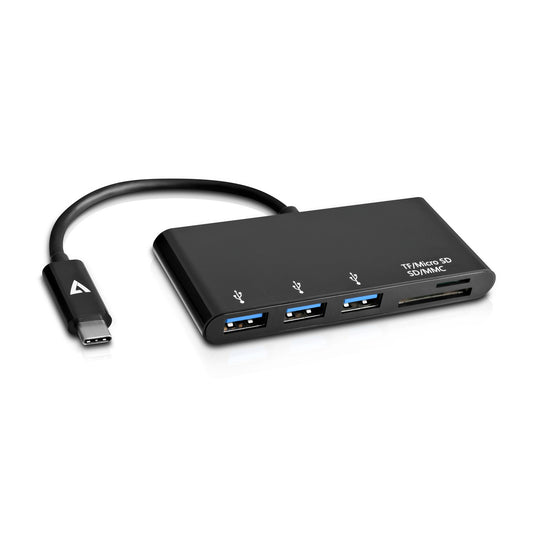 V7 - Adattatore USB nero da USB-C maschio a 3 x USB 3.0 A femmina  Micro SD  SD/MMC