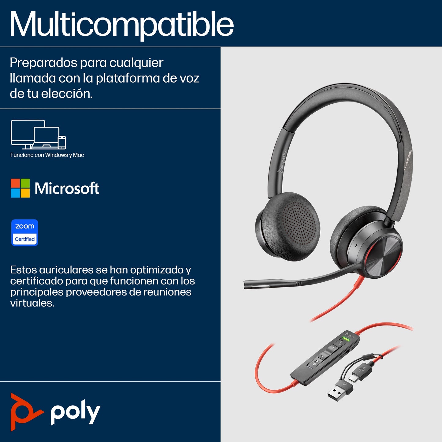 POLY - Auriculares estéreo Blackwire 8225 USB-C + Adaptador USB-C/A