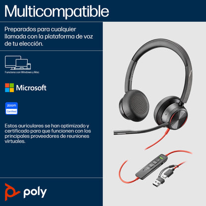 POLY - Auriculares estéreo Blackwire 8225 USB-C + Adaptador USB-C/A