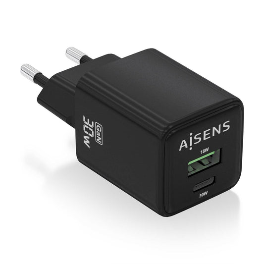 AISENS - Cargador Gan 30W  1xUSB-C PD3.0 QC4.0  1xUSB-A QC3.0  Negro