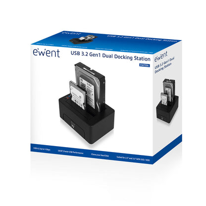 Ewent - EW7014 base de conexión para disco duro USB 3.2 Gen 1 (3.1 Gen 1) Type-A Negro