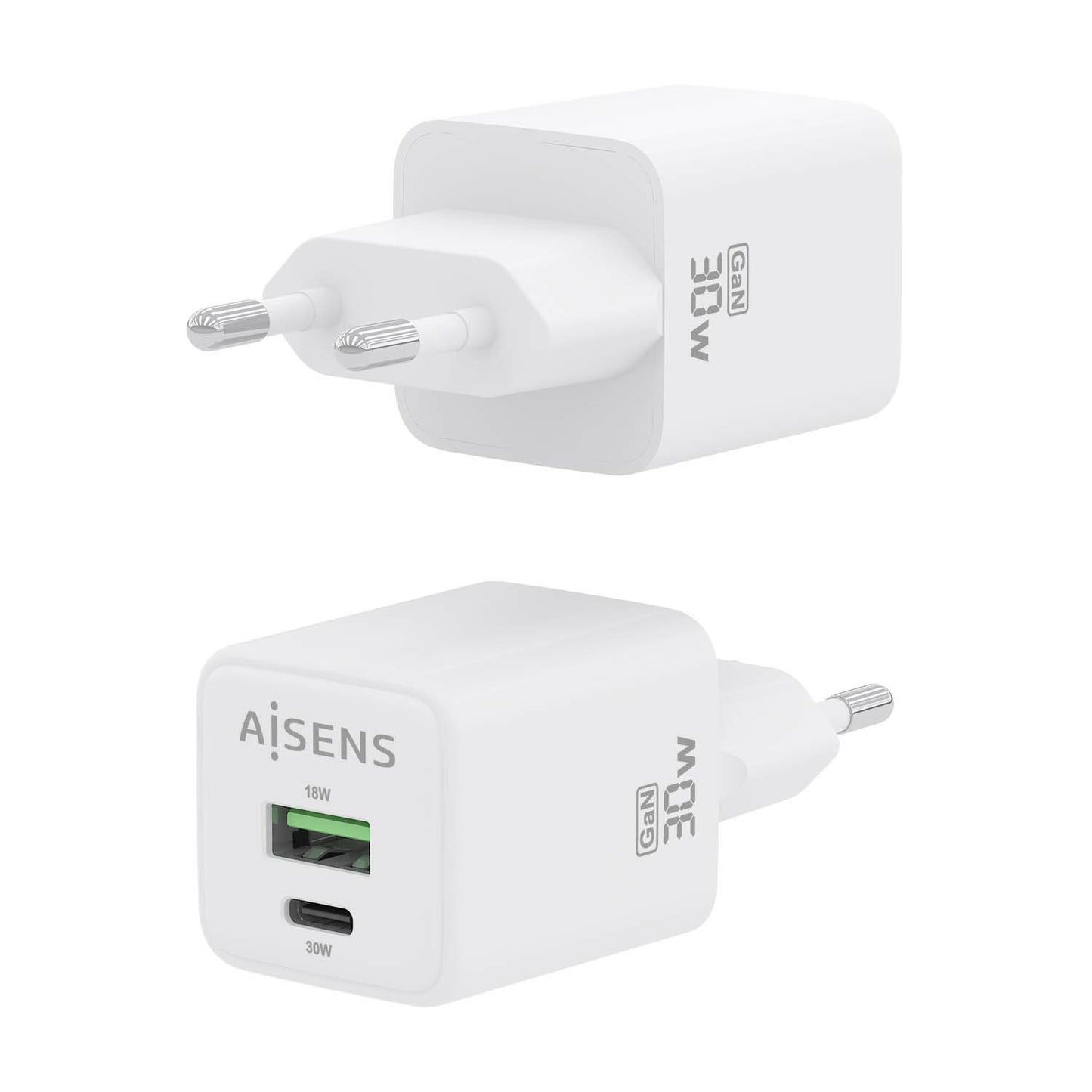 AISENS - Cargador Gan 30W  1xUSB-C PD3.0 QC4.0  1xUSB-A QC3.0  Blanco