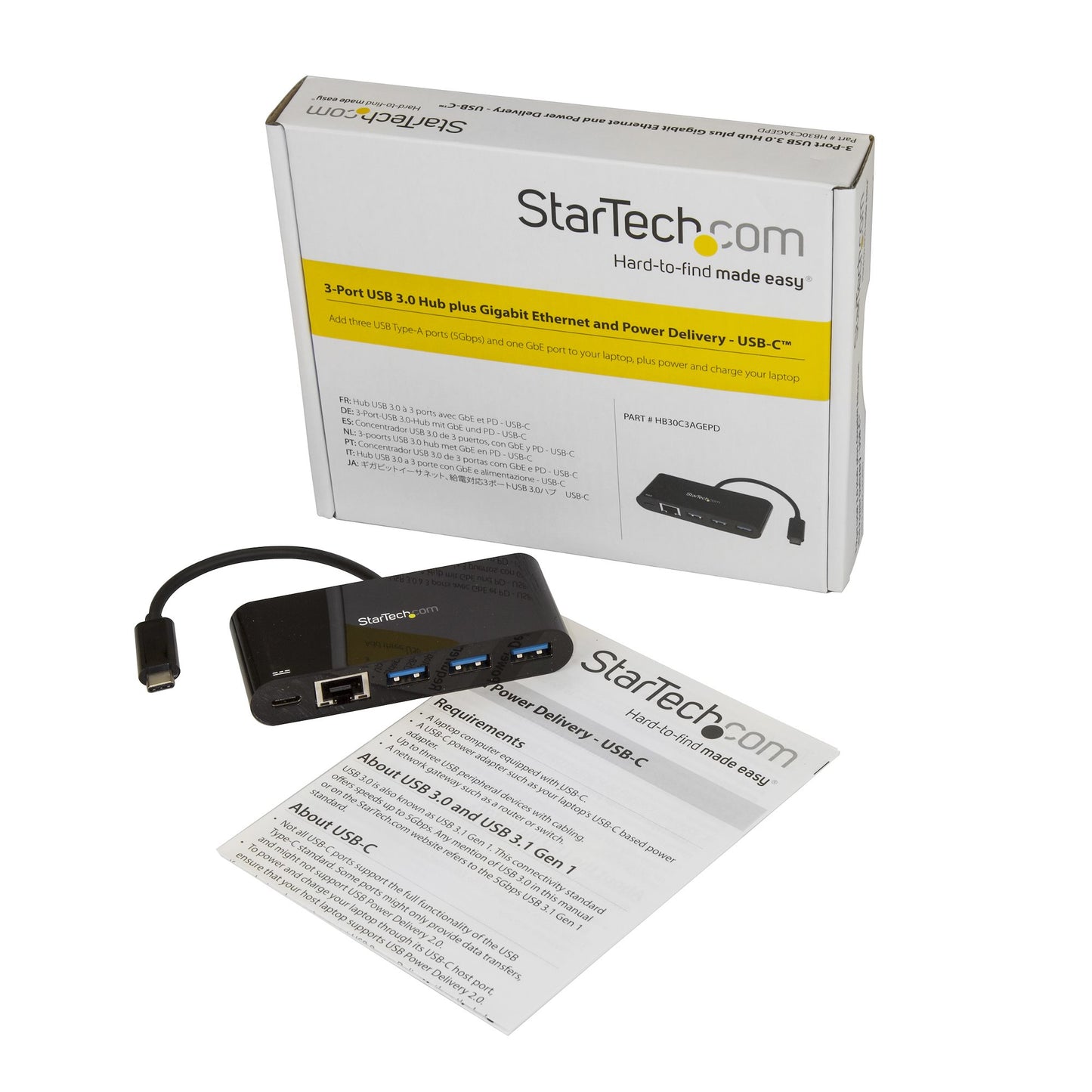 StarTech.com - Hub Concentrador USB 3.0 USB-C de 3 Puertos con Ethernet Gigabit y Entrega de Alimentación de 60W con Puerto Pass-Through - USB Tipo C a 3 Puertos USB-A (USB 3.0 SuperSpeed de 5Gbps) - Ladrón Adaptador USB 3.2 Gen 1 Tipo C