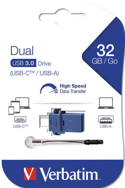 Verbatim - Dual - Unidad USB 3.0 de 32 GB - USB-C / USB-A - Azul