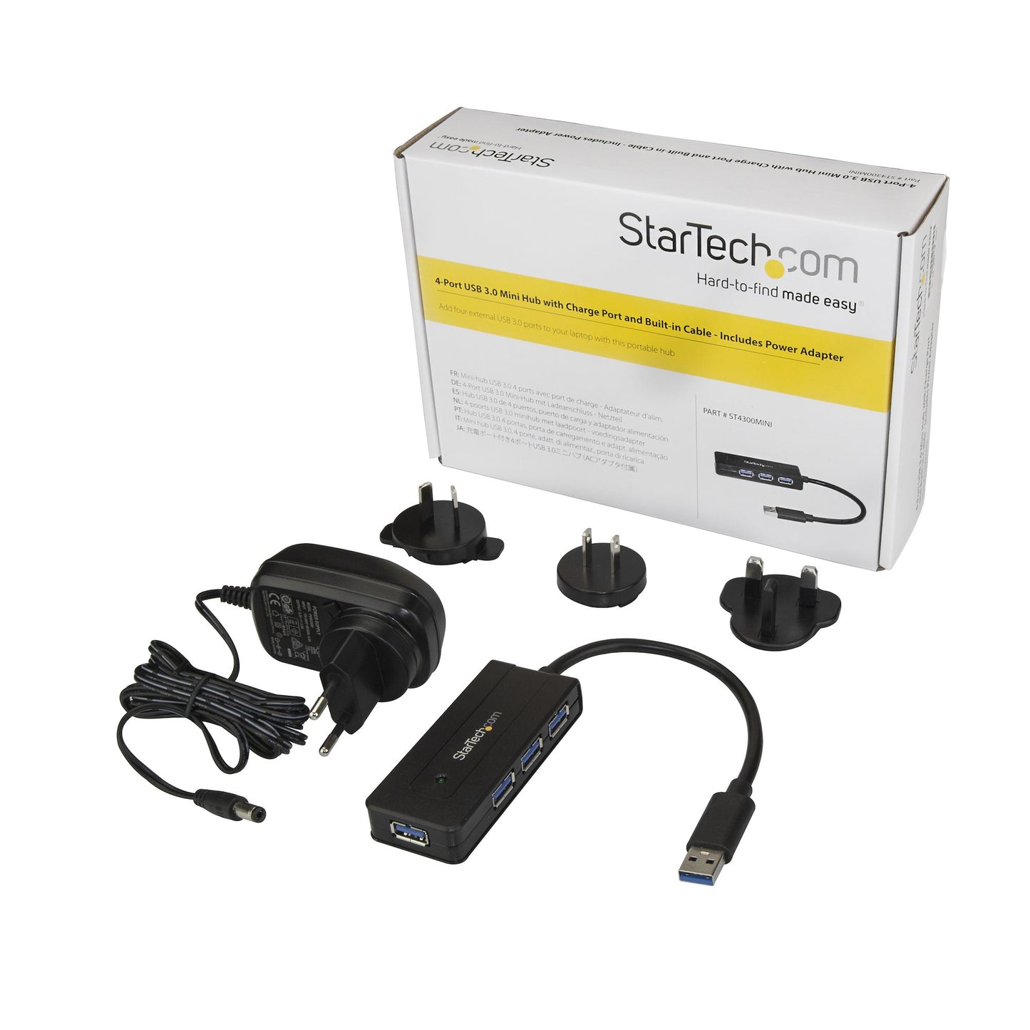 StarTech.com - Hub Concentrador Portátil USB 3.0 SuperSpeed de 4 Puertos de 5Gbps con Carga Rápida - Ladrón USB 3.2 Gen 1 Tipo A - Alimentado por el Bus USB o Autoalimentado - Negro