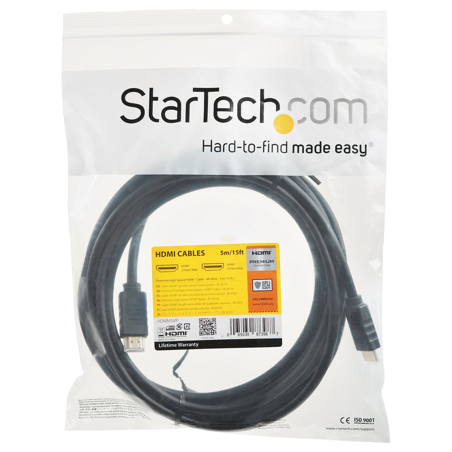 StarTech.com - Cable de 5m HDMI 2.0 Certificado Premium con Ethernet - HDMI de Alta Velocidad Ultra HD de 4K a 60Hz HDR10 - para Monitores o TV UHD