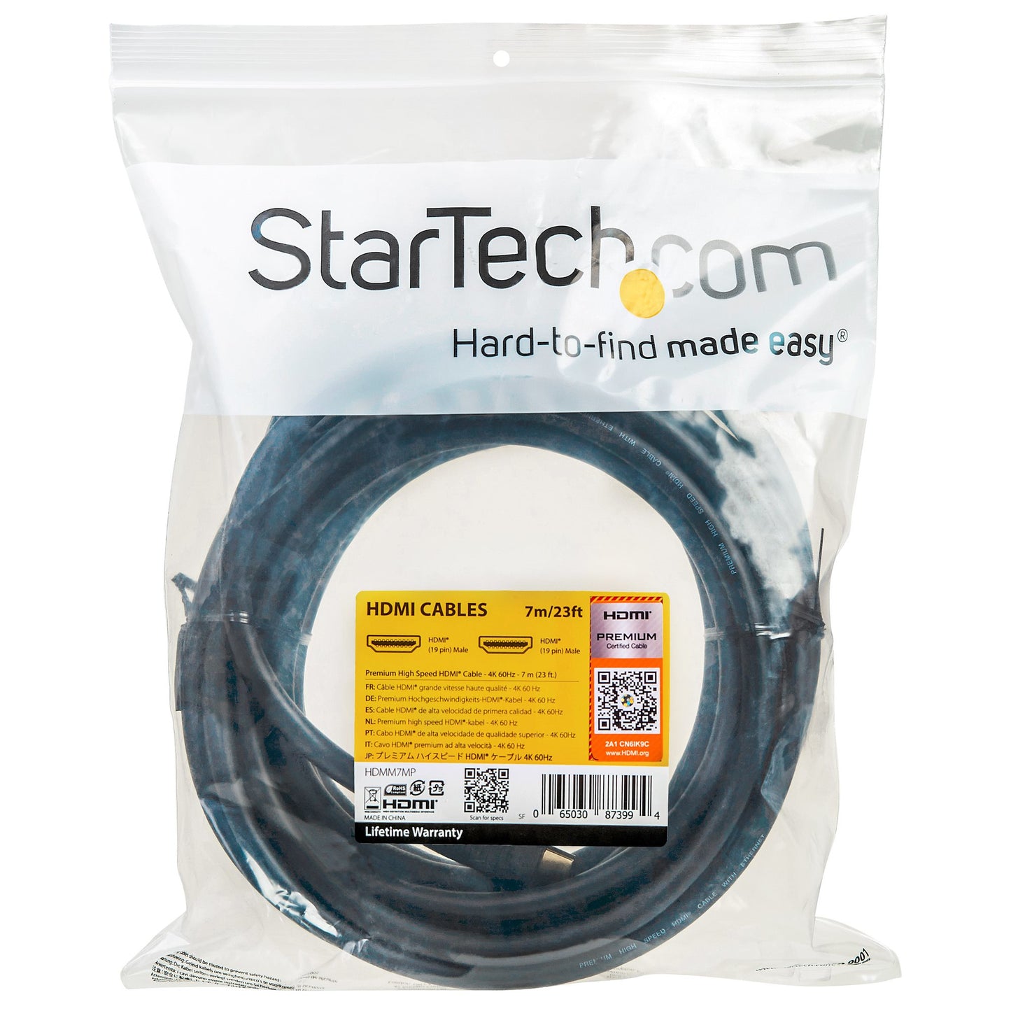 StarTech.com - Cable de 7m HDMI 2.0 Certificado Premium con Ethernet - HDMI de Alta Velocidad Ultra HD de 4K a 60Hz HDR10 - para Monitores o TV UHD