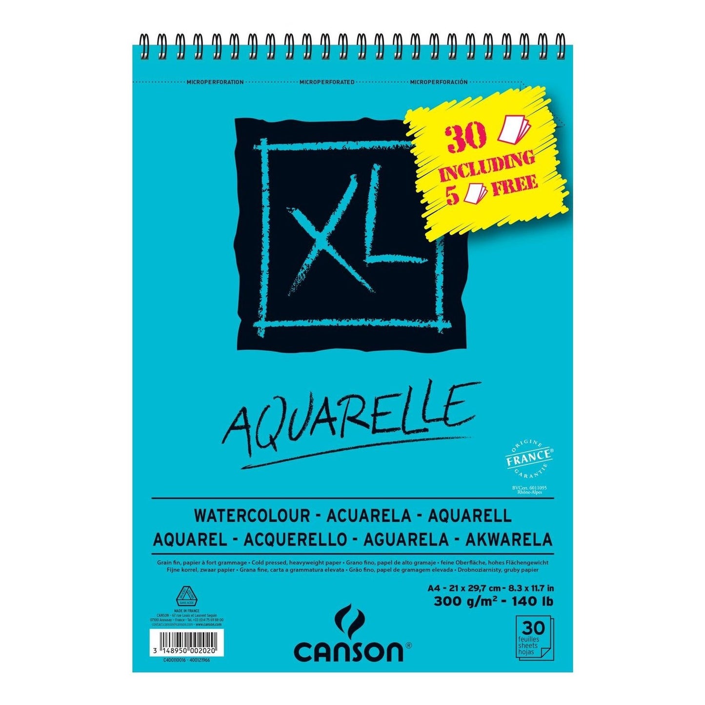 Canson - CANSON BLOC ACUARELA AQUARELLE FINO XL ESPIRAL 25 + 5(GRATIS) HOJAS 300GR 21X29 7CM