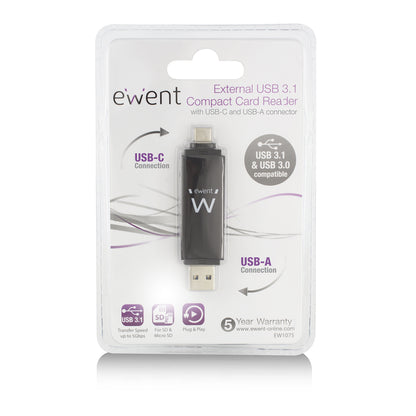 Ewent - EW1075 lector de tarjeta USB 3.2 Gen 1 (3.1 Gen 1) Type-A/Type-C Negro