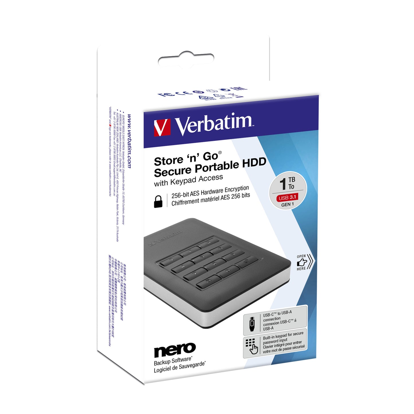 Verbatim - Disco duro portátil y seguro Store ?n? Go de 1 TB con teclado