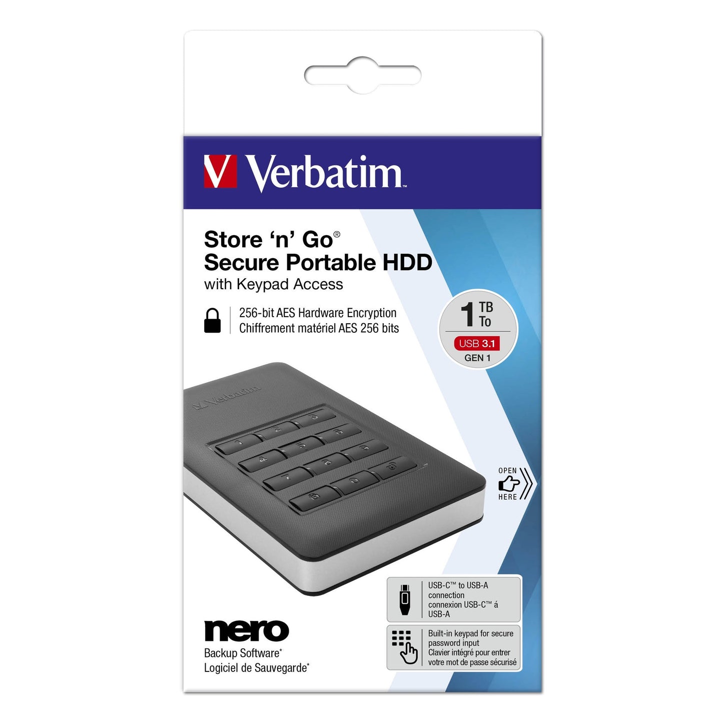 Verbatim - Disco duro portátil y seguro Store ?n? Go de 1 TB con teclado