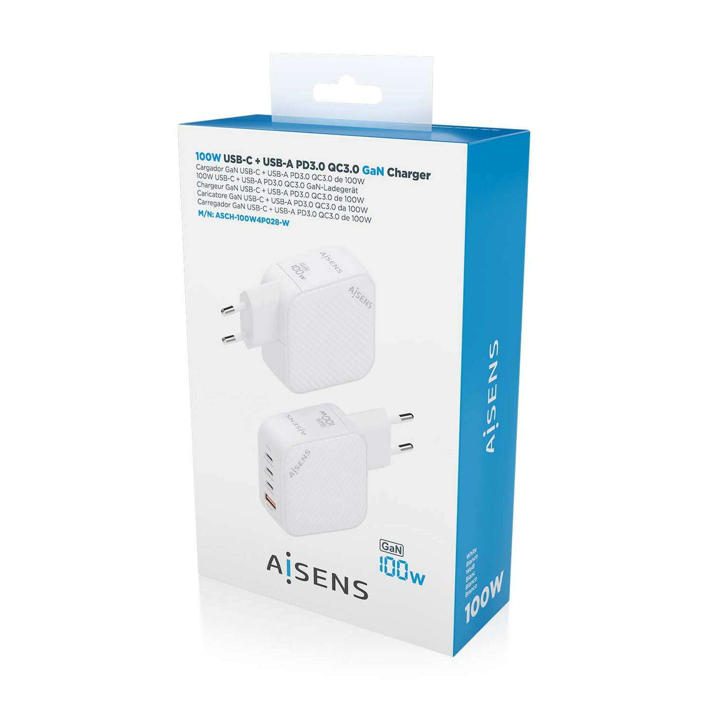 AISENS - Cargador GaN 100W  3xUSB-C PD3.0 QC4.0  1xUSB-A QC3.0  Blanco