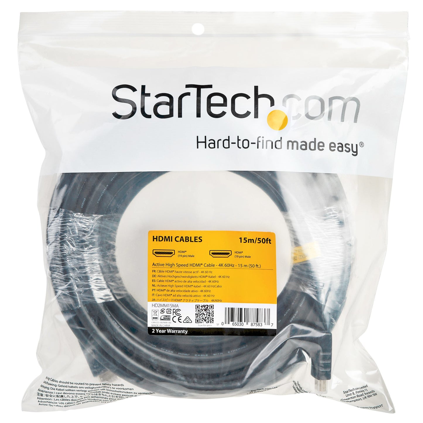 StarTech.com - Cable de 15 metros HDMI con ethernet de alta velocidad Activo 4K de 60Hz - Cable HDMI CL2 para Instalación en Pared - Cable UHD Largo Durable - HDR de 18Gbps - Negro