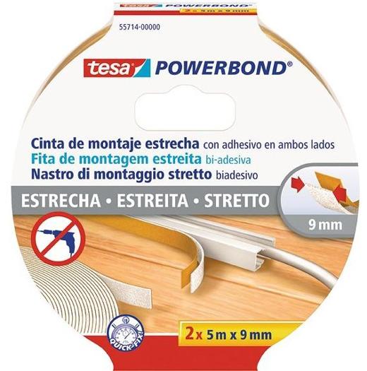 TESA - TESA CINTA ADHESIVA DE MONTAJE ESTRECHA DOBLE CARA POWERBOND 2 ROLLOS DE 5M X 9MM TRANSPARENTE