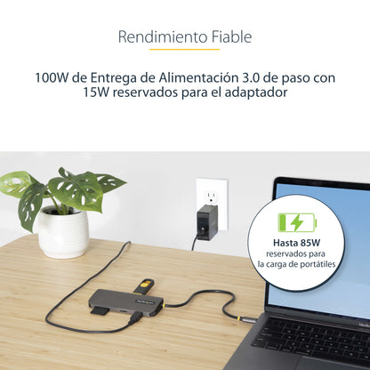 StarTech.com - Adaptador Multipuertos USB C de Vídeo 4K a 60Hz  con Hub de 3 Puertos USB-A de 5Gbps  Entrega de Alimentación USB de 100W  Red Ethernet  SD/microSD  Cable de 30cm