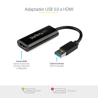 StarTech.com - Adaptador USB 3.0 a HDMI - 1080p (1920x1200) - Adaptador Conversor Compacto de USB-A a HDMI para Monitor - Adaptador Gráfico Externo de Vídeo - Negro - para Windows Solamente