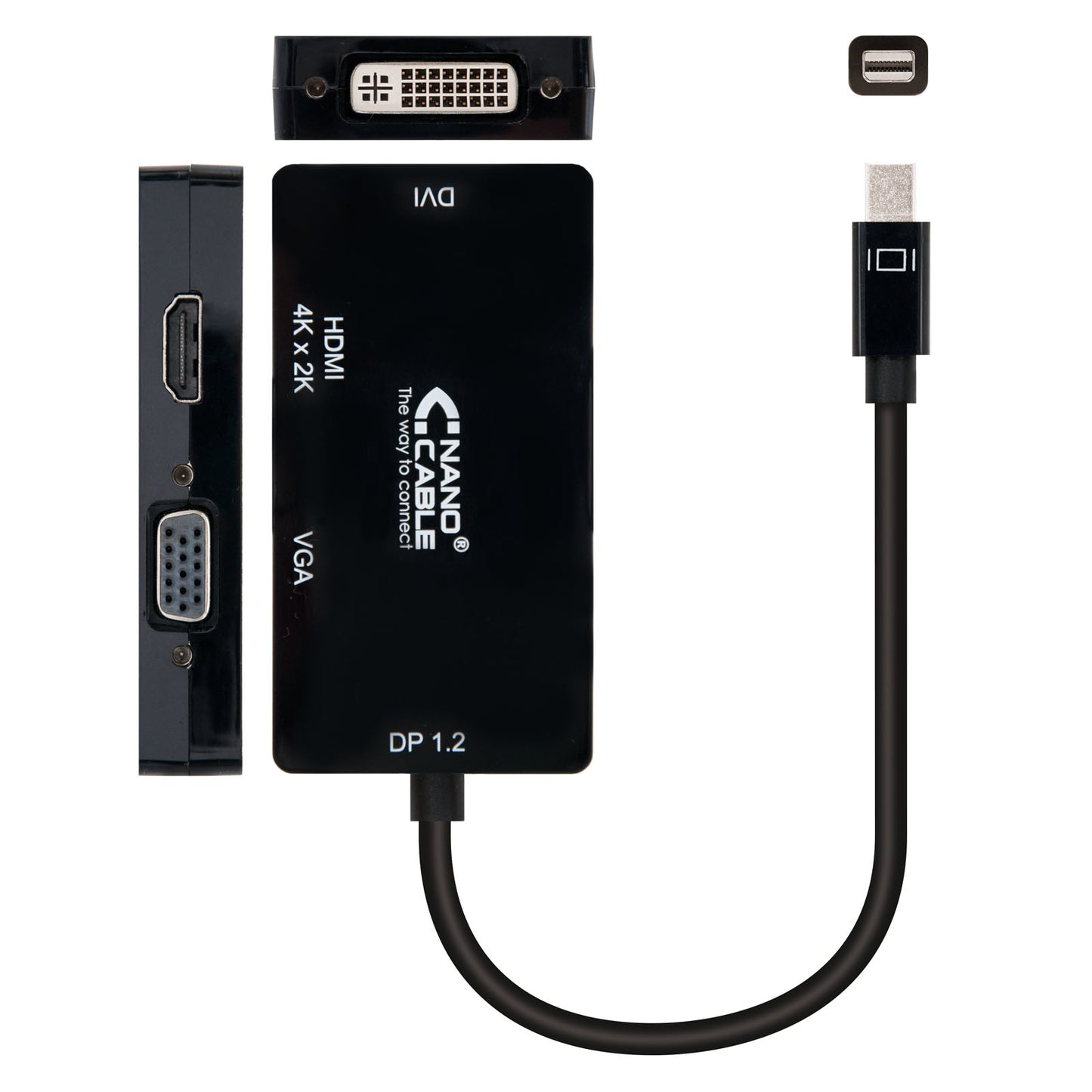 Nanocable - Conversor Mini DisplayPort a VGA / HDMI  3 en 1  DP 1.2/M-VGA/H-HDMI/H 4K  Negro  15 cm