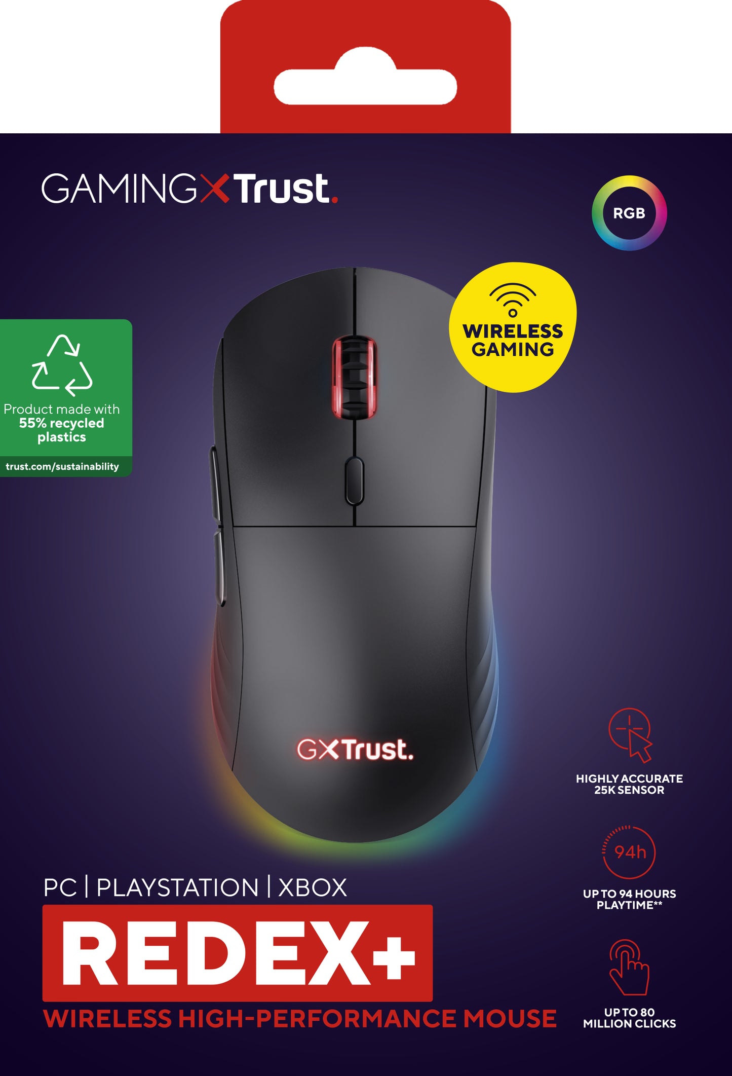 Trust - GXT 927 Redex+ ratón Juego mano derecha RF Wireless + USB Type-A Laser 25600 DPI