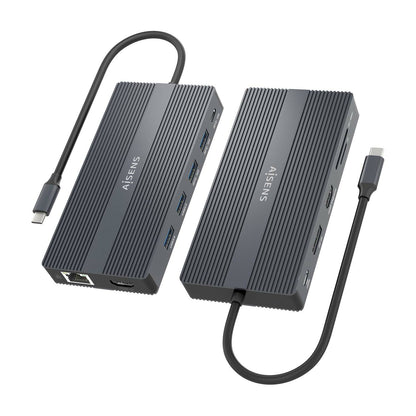 AISENS - USB-C Dock 12 En 1  USB-C a 2xHDMI  1xDisplayport  1xRJ45  4xUSB-A  1xUSB-C  1xUSB-C PD  1xSD  1xMicro SD  Gris  20cm