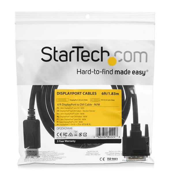 StarTech.com - Cable 1 8m Adaptador de Vídeo DisplayPort a DVI - Conversor DP - Hasta 1920x1200 - Pasivo