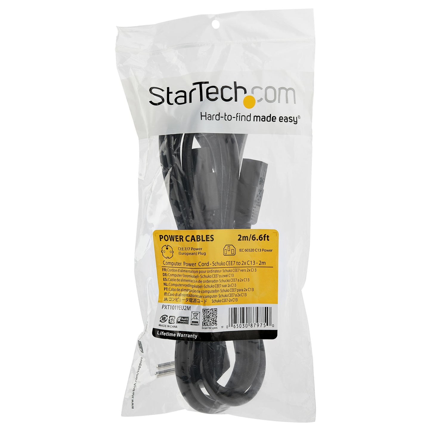 StarTech.com - Cable de 2m de Alimentación en Y para Ordenador  18AWG  EU Schuko a 2x C13  10A 250V  Cable de Alimentación de CA de Repuesto  para Impresora  para Monitor  UL