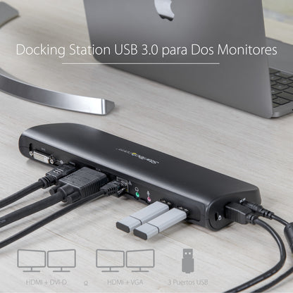 StarTech.com - Docking Station USB 3.0 de 2 Monitores para Portátil - HDMI/DVI/VGA - Hub Ladrón 3x USB-A - GbE - Audio - Replicador de Puertos Universal USB-A - Win/macOS/ChromeOS - TAA