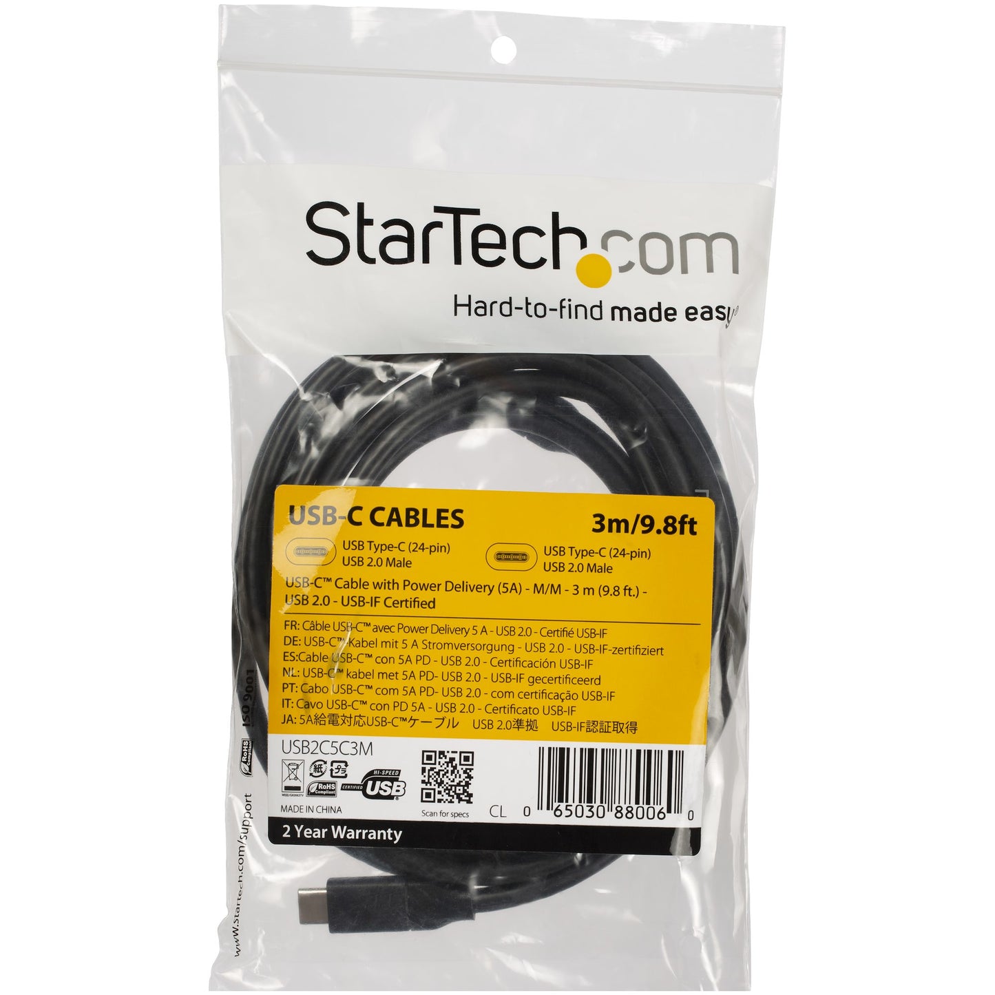 StarTech.com - Cable de 3m USB-C a USB-C con capacidad para Entrega de Alimentación de 5A - USB TipoC - Cable de Carga USBC - USB 2.0