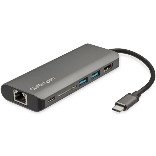 StarTech.com - Adaptador Multipuertos USB-C - Docking Station Portátil USB Tipo C a HDMI de 4K - Hub Ladrón USB 3.0 de 2 Puertos - Lector de Tarjetas SD/SDHC - GbE - PD 3.0 de 60W Pass-Through - Mini Dock de Viajes USBC - Thunderbolt 3/USB-C