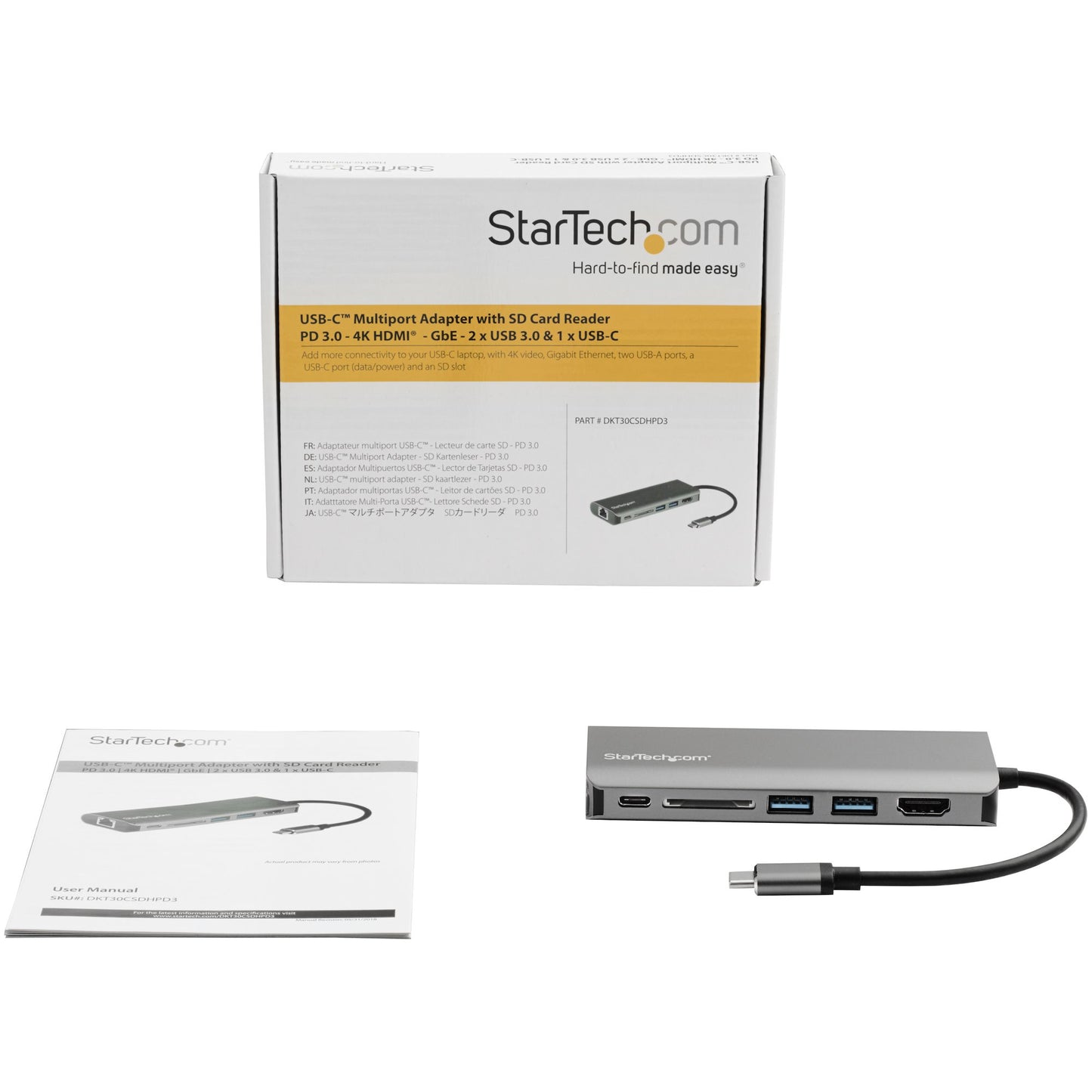 StarTech.com - Adaptador Multipuertos USB-C - Docking Station Portátil USB Tipo C a HDMI de 4K - Hub Ladrón USB 3.0 de 2 Puertos - Lector de Tarjetas SD/SDHC - GbE - PD 3.0 de 60W Pass-Through - Mini Dock de Viajes USBC - Thunderbolt 3/USB-C