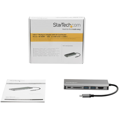 StarTech.com - Adaptador Multipuertos USB-C - Docking Station Portátil USB Tipo C a HDMI de 4K - Hub Ladrón USB 3.0 de 2 Puertos - Lector de Tarjetas SD/SDHC - GbE - PD 3.0 de 60W Pass-Through - Mini Dock de Viajes USBC - Thunderbolt 3/USB-C