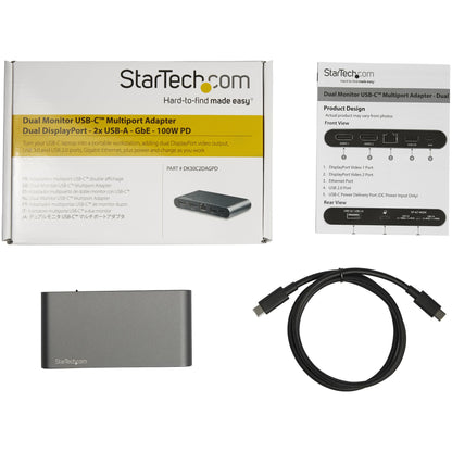 StarTech.com - Docking Station USB C para 2 Monitores DisplayPort 4K - con Entrega de Potencia de 100W Passthrough - GbE - Hub Ladrón Concentrador de 2 Puertos USB-A - Dock USB Tipo C para Ordenador Portátil - con Cable de 1m