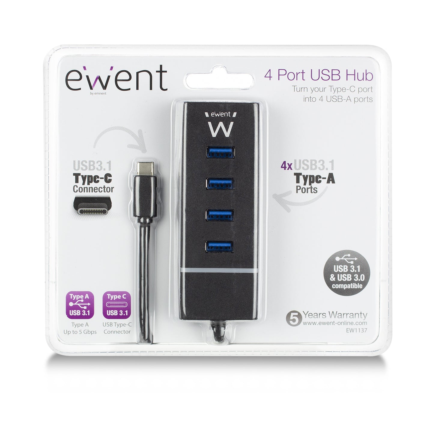 Ewent - EW1137 hub de interfaz USB 3.2 Gen 1 (3.1 Gen 1) Type-C 5000 Mbit/s Negro