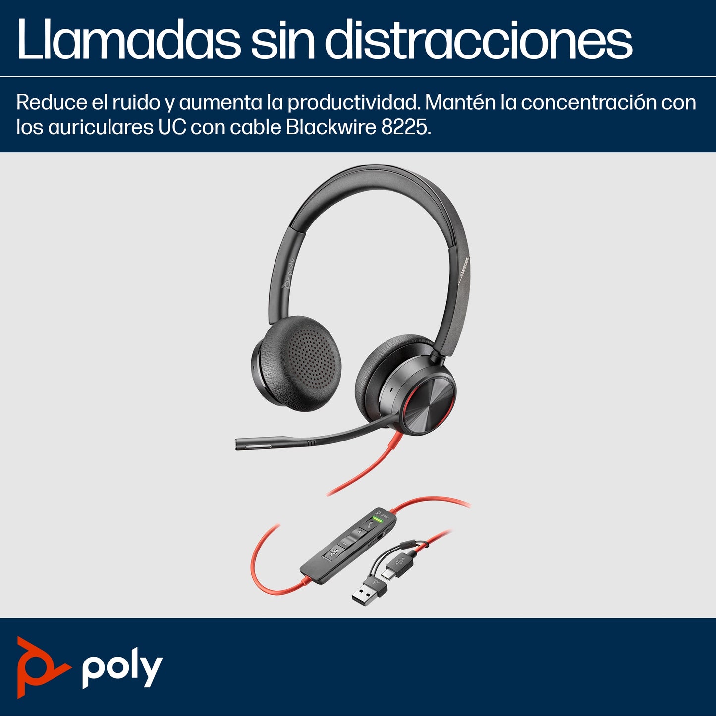 POLY - Auriculares estéreo Blackwire 8225 USB-C + Adaptador USB-C/A